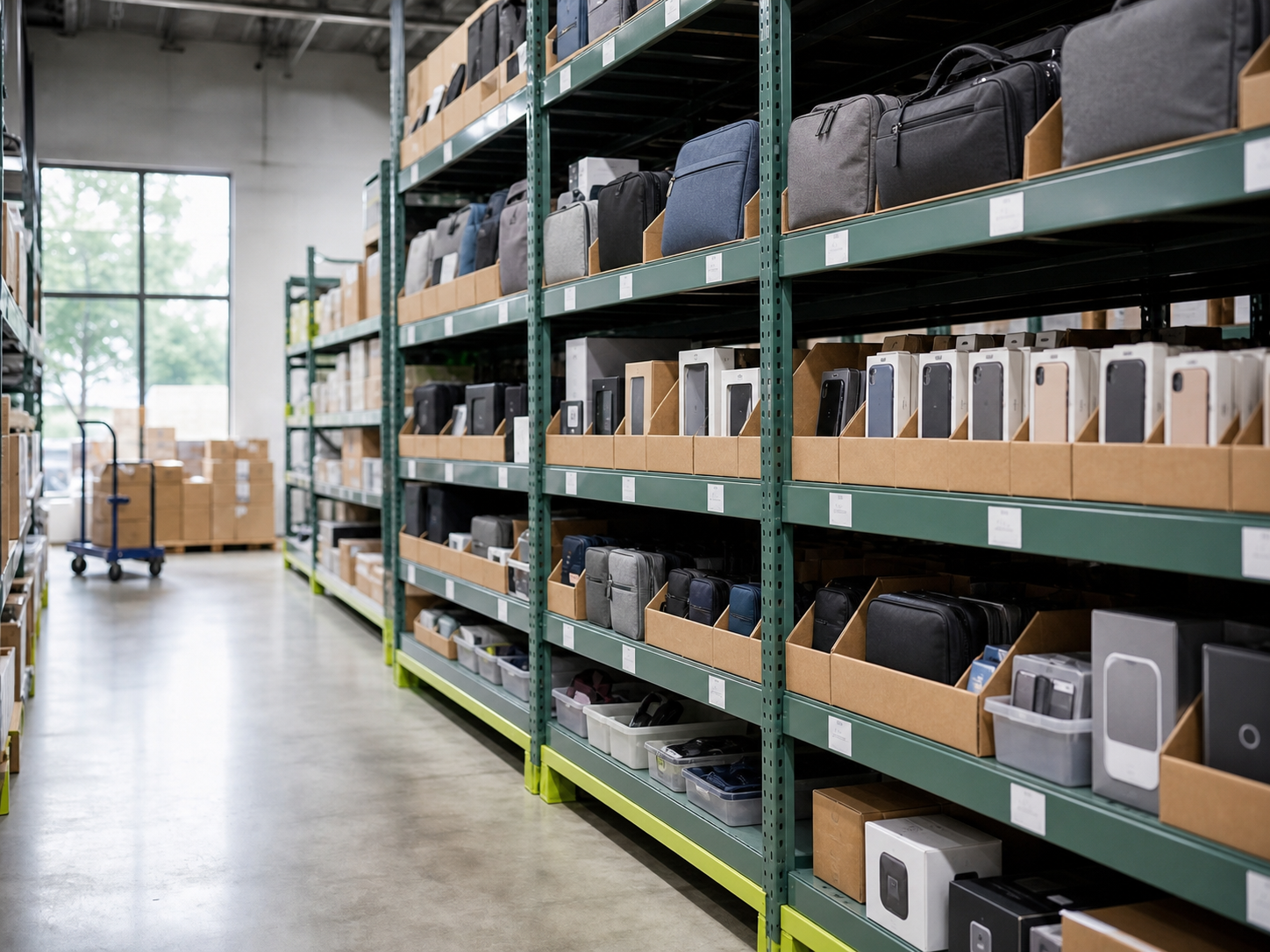 Individual laptop bags, phone cases, and electronics organized in fulfillment storage